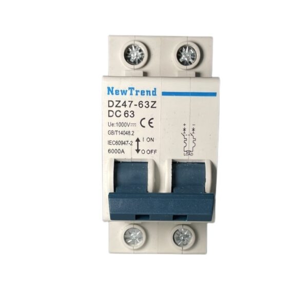 DZ47-63Z 2 Pole 63A 500V 1000V DC MCB 1 2 3 4 6 10 16 20 25 32 40 50 63 Amp 2P Solar DC Circuit Breaker 63A